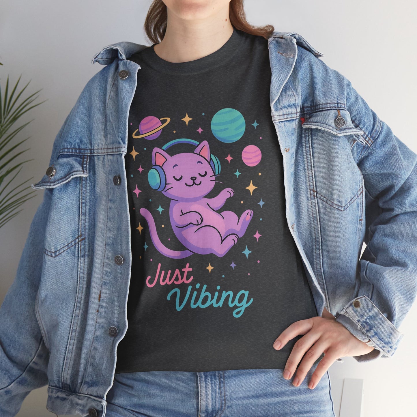 Just Vibing Cat T-Shirt, Chill Cosmic Kitty Tee, Lo-Fi Aesthetic Shirt, Cute Space Cat Gift, Unisex Relaxed Fit Cotton Top