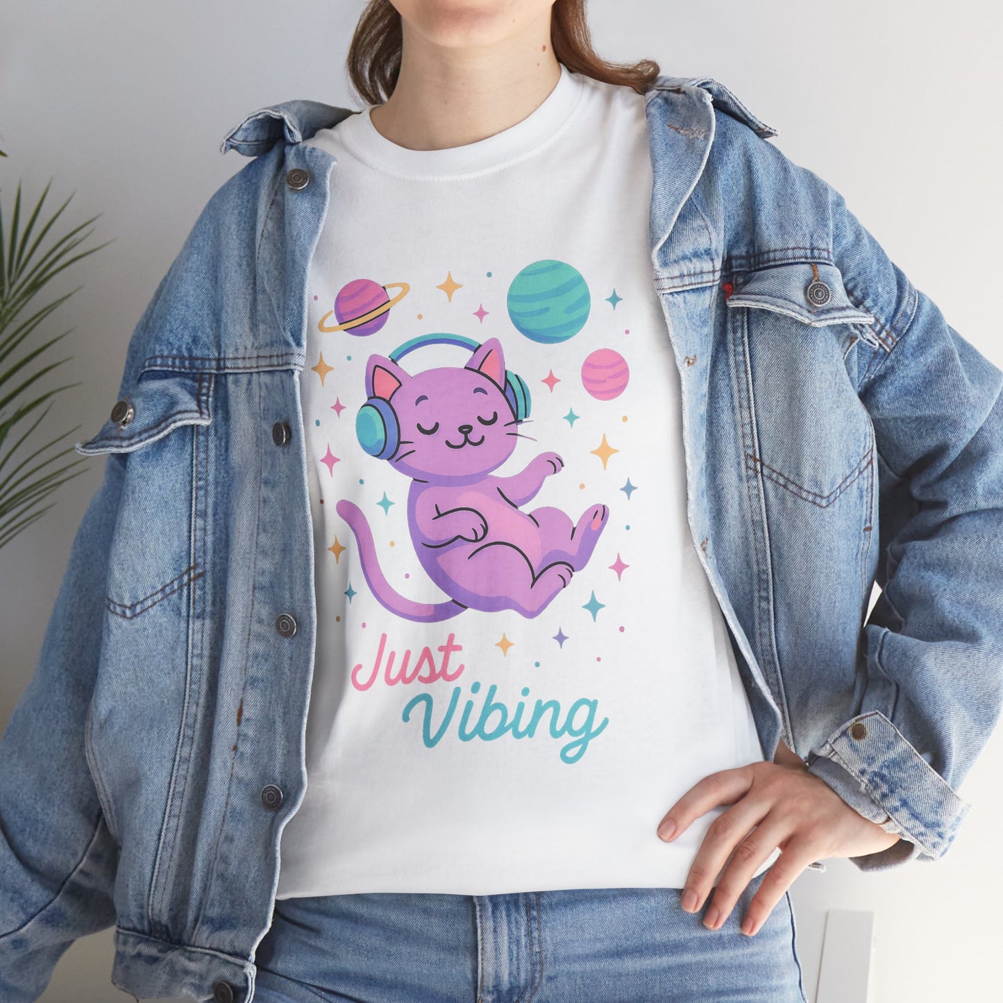 Just Vibing Cat T-Shirt, Chill Cosmic Kitty Tee, Lo-Fi Aesthetic Shirt, Cute Space Cat Gift, Unisex Relaxed Fit Cotton Top