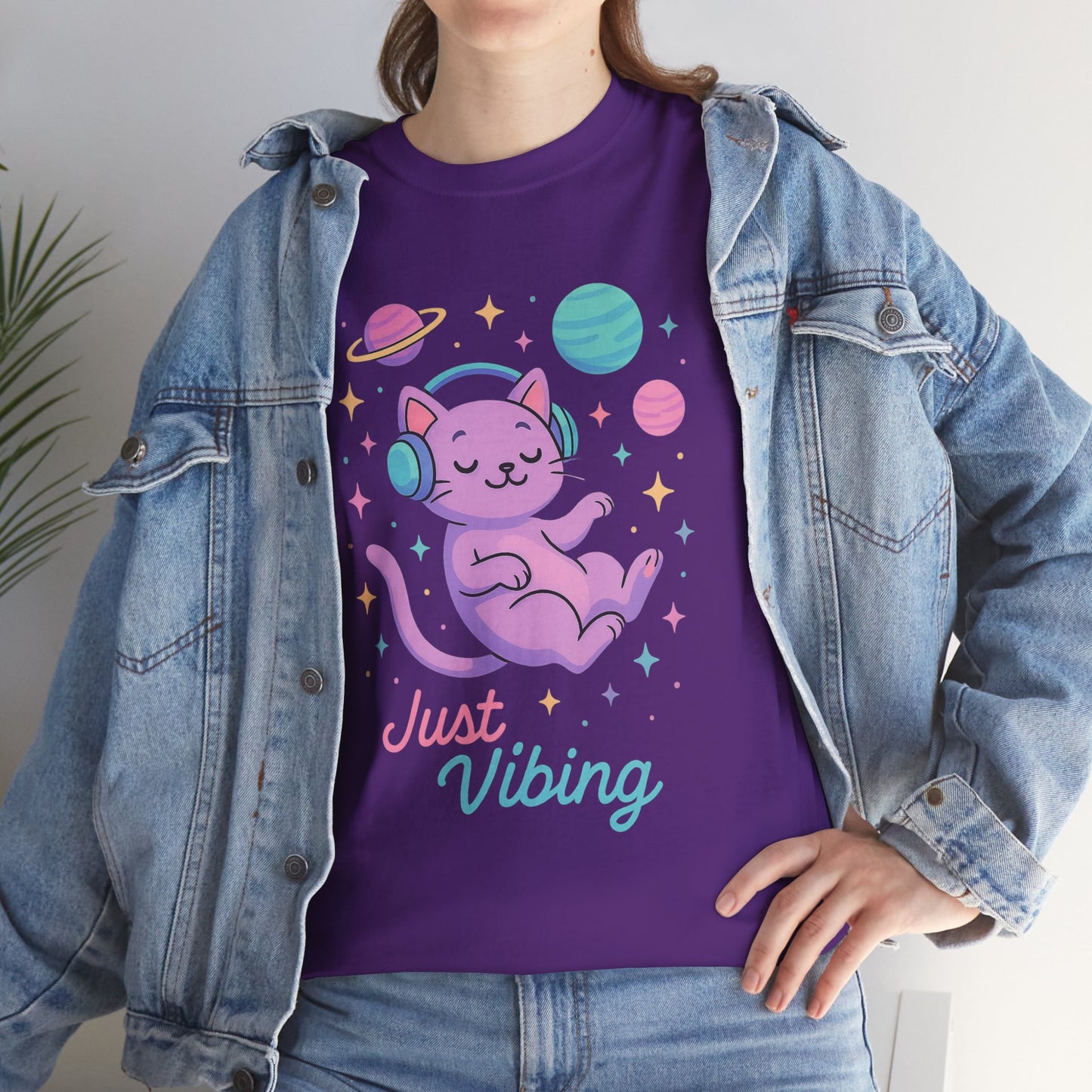Just Vibing Cat T-Shirt, Chill Cosmic Kitty Tee, Lo-Fi Aesthetic Shirt, Cute Space Cat Gift, Unisex Relaxed Fit Cotton Top