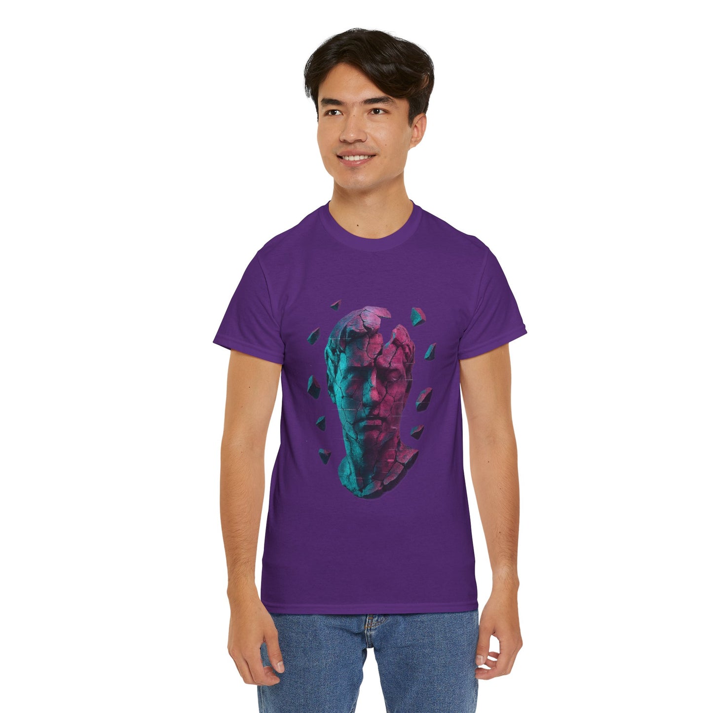 Broken Statue T-Shirt, Unisex Heavy Cotton Tee, Vaporwave Shirt, Glitch Aesthetic Art, Digital Decay Design