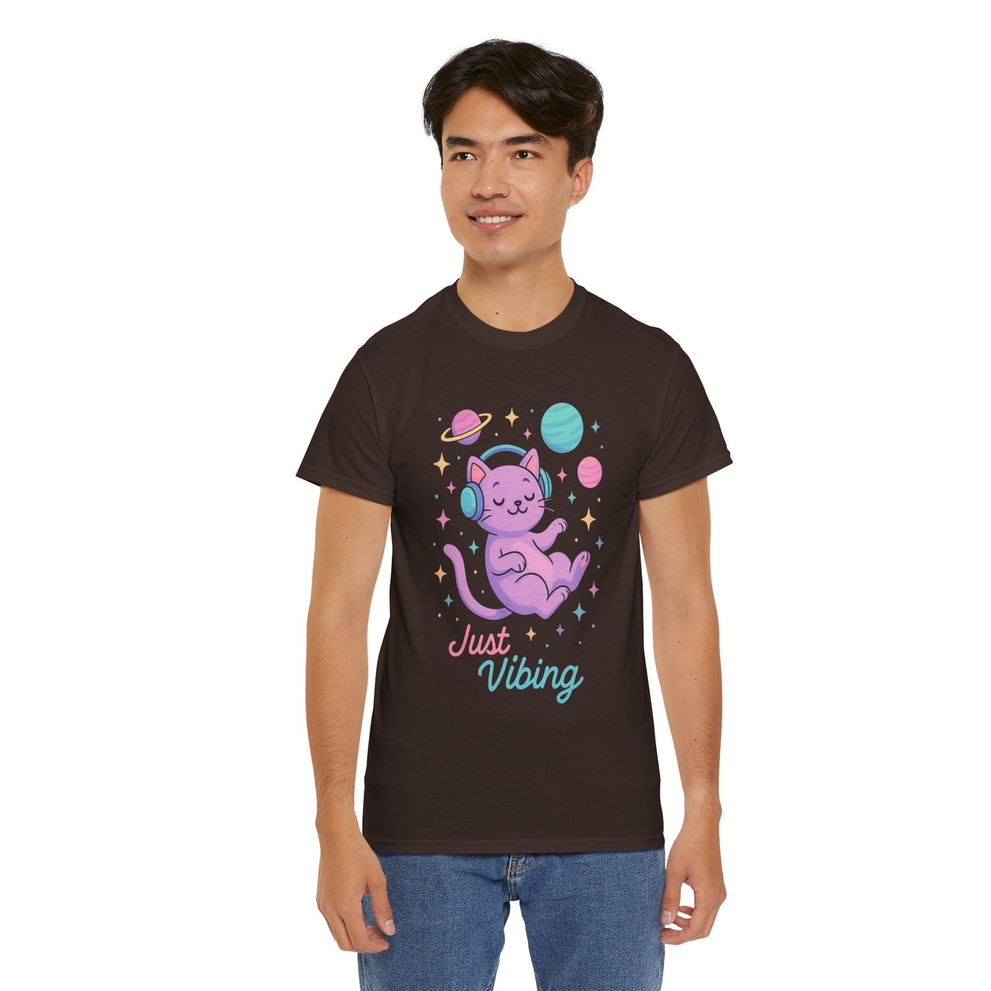 Just Vibing Cat T-Shirt, Chill Cosmic Kitty Tee, Lo-Fi Aesthetic Shirt, Cute Space Cat Gift, Unisex Relaxed Fit Cotton Top