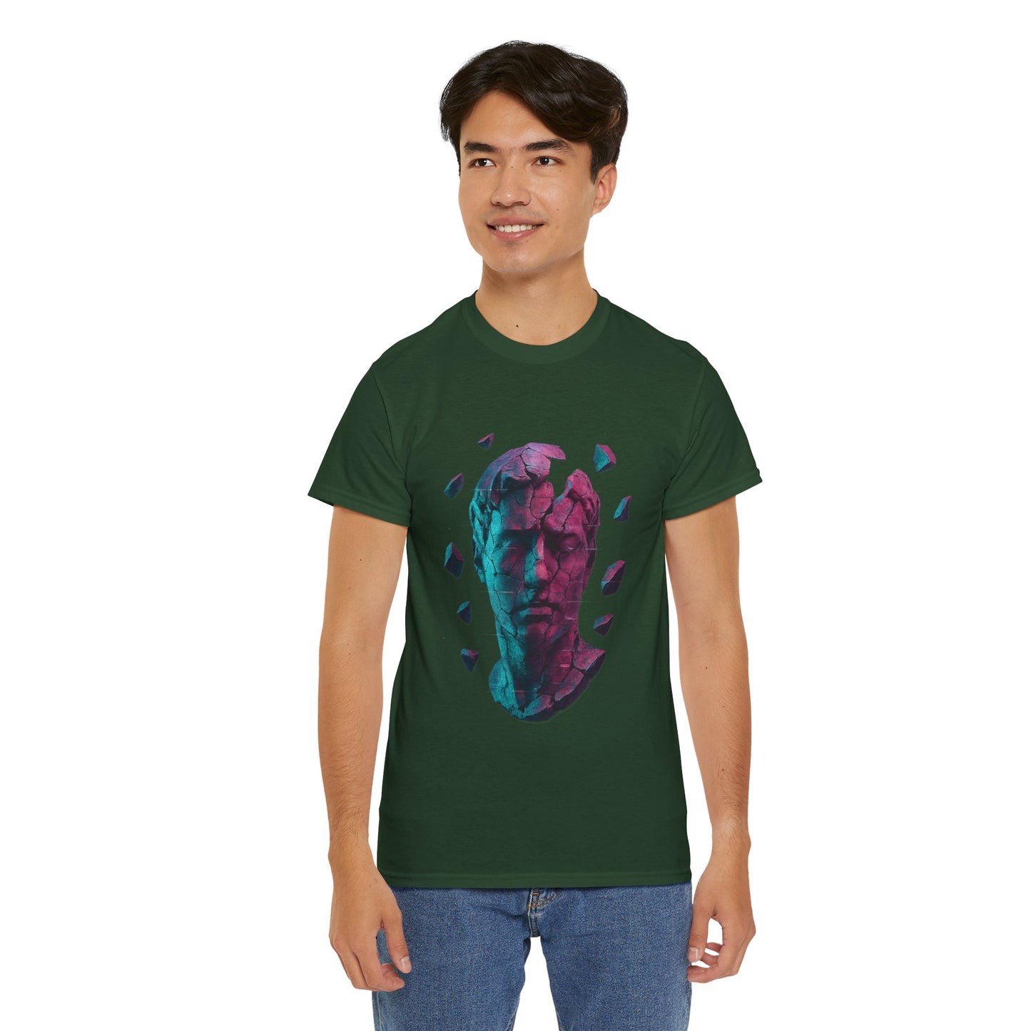 Broken Statue T-Shirt, Unisex Heavy Cotton Tee, Vaporwave Shirt, Glitch Aesthetic Art, Digital Decay Design