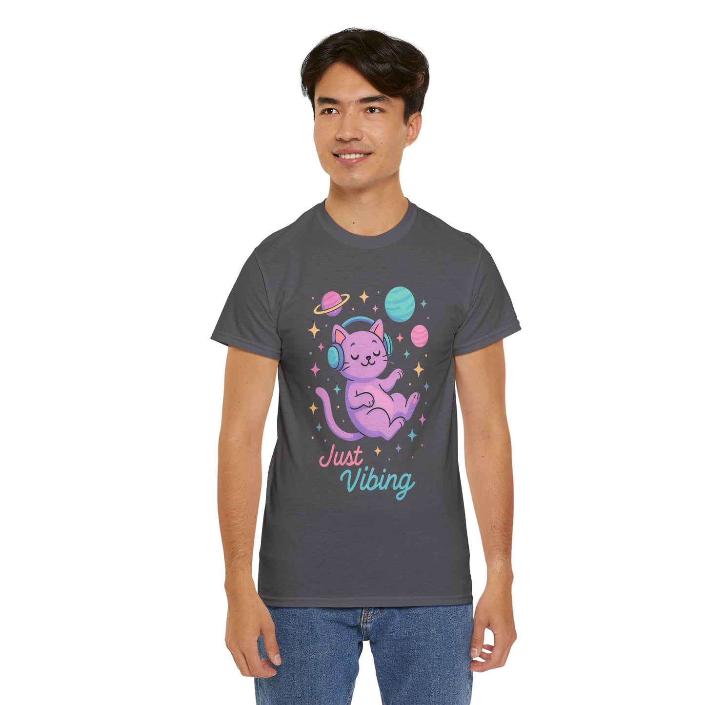 Just Vibing Cat T-Shirt, Chill Cosmic Kitty Tee, Lo-Fi Aesthetic Shirt, Cute Space Cat Gift, Unisex Relaxed Fit Cotton Top