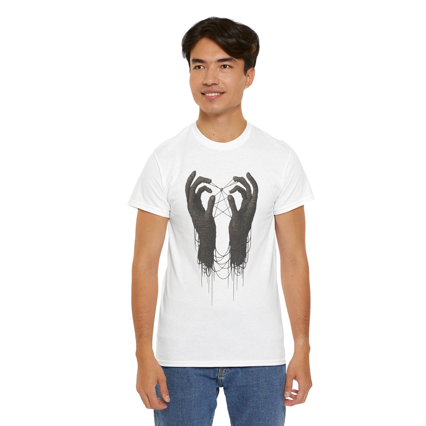 Mystic Thread Hands Unisex Heavy Cotton Tee, Dark Art Graphic T-Shirt, Witchy Aesthetic Shirt, Gothic Casual Wear, Unique Gift for Him or Her