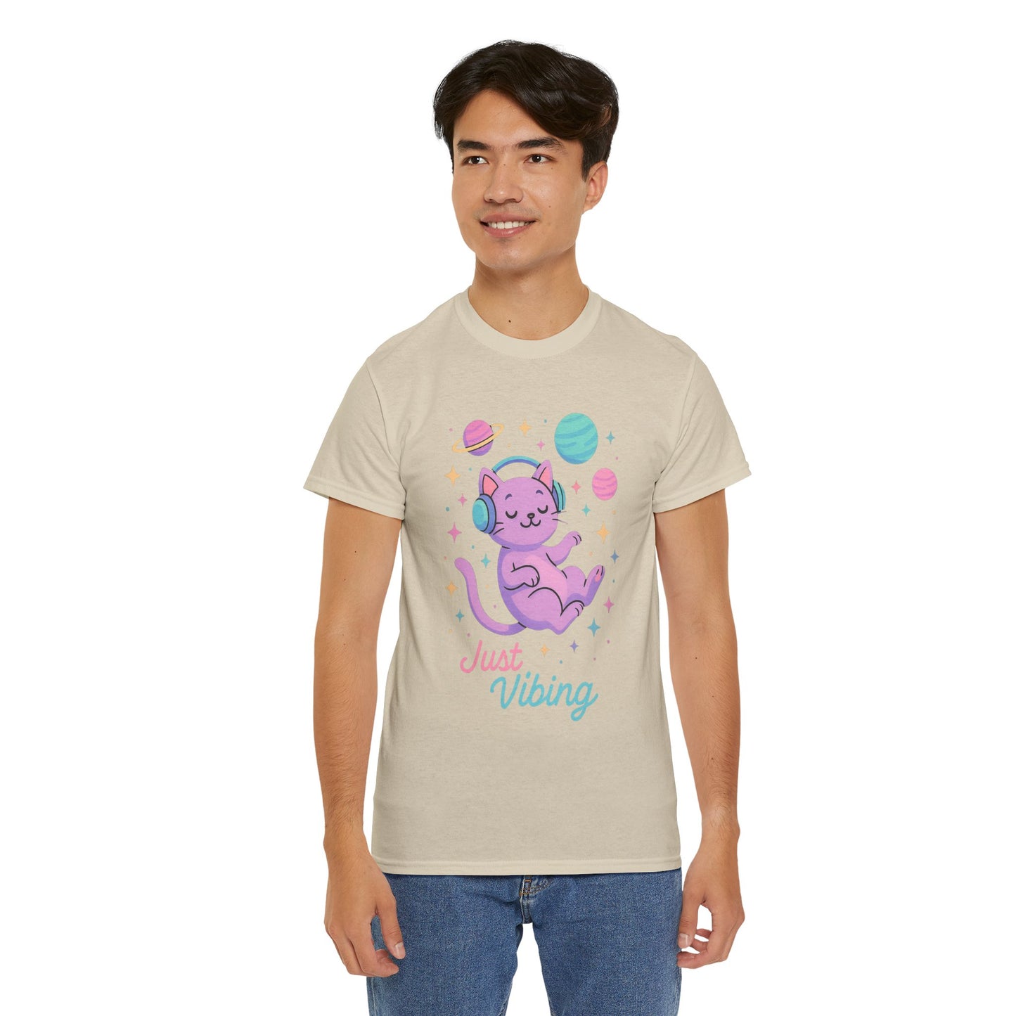 Just Vibing Cat T-Shirt, Chill Cosmic Kitty Tee, Lo-Fi Aesthetic Shirt, Cute Space Cat Gift, Unisex Relaxed Fit Cotton Top