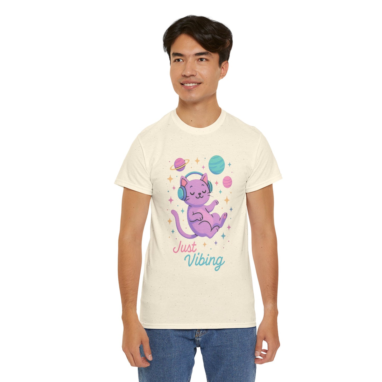 Just Vibing Cat T-Shirt, Chill Cosmic Kitty Tee, Lo-Fi Aesthetic Shirt, Cute Space Cat Gift, Unisex Relaxed Fit Cotton Top