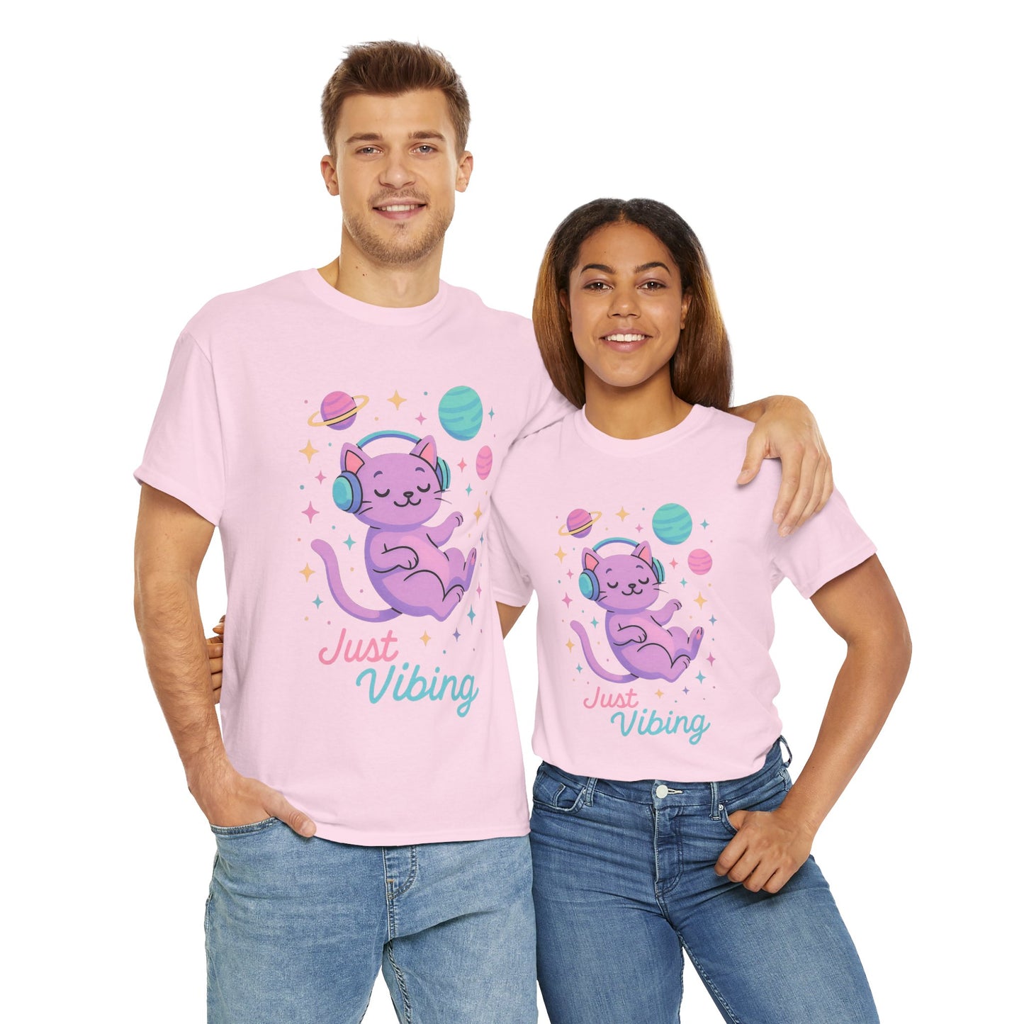Just Vibing Cat T-Shirt, Chill Cosmic Kitty Tee, Lo-Fi Aesthetic Shirt, Cute Space Cat Gift, Unisex Relaxed Fit Cotton Top