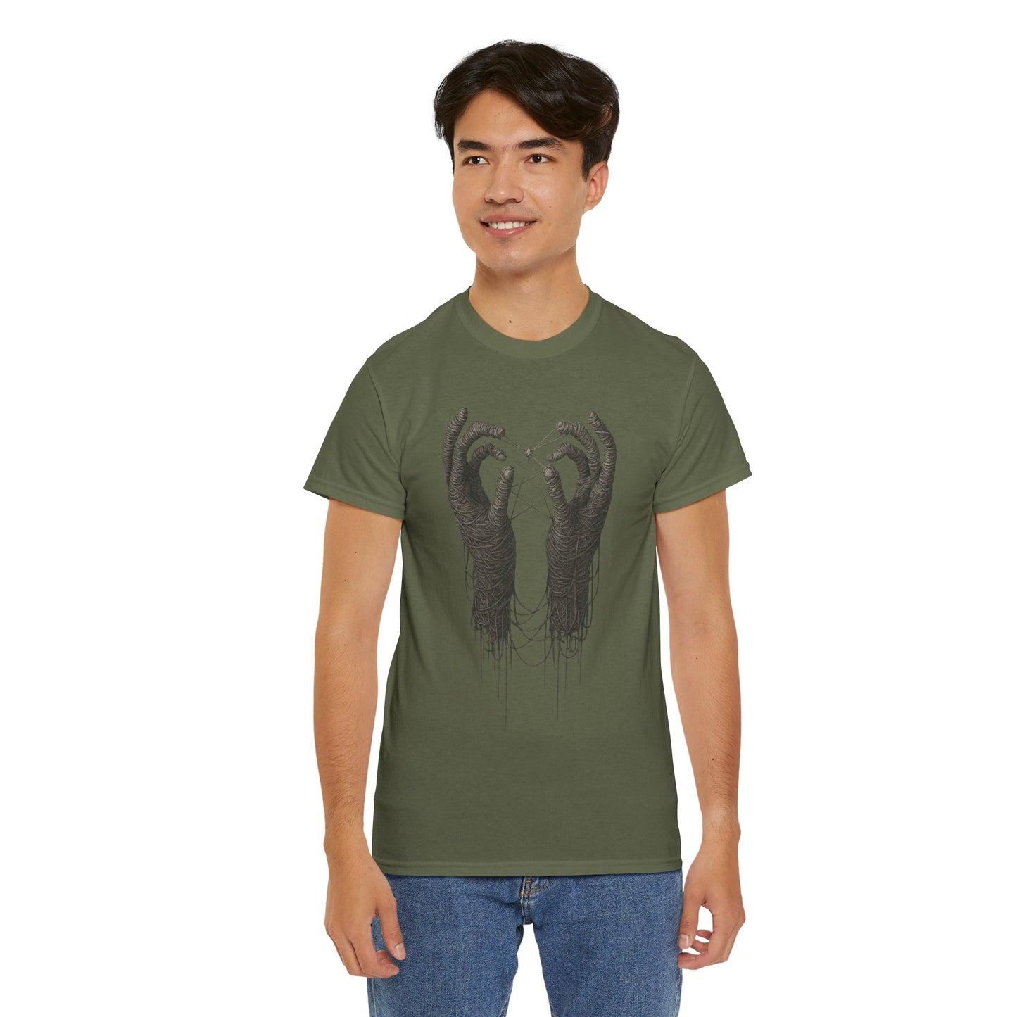 Mystic Thread Hands Unisex Heavy Cotton Tee, Dark Art Graphic T-Shirt, Witchy Aesthetic Shirt, Gothic Casual Wear, Unique Gift for Him or Her