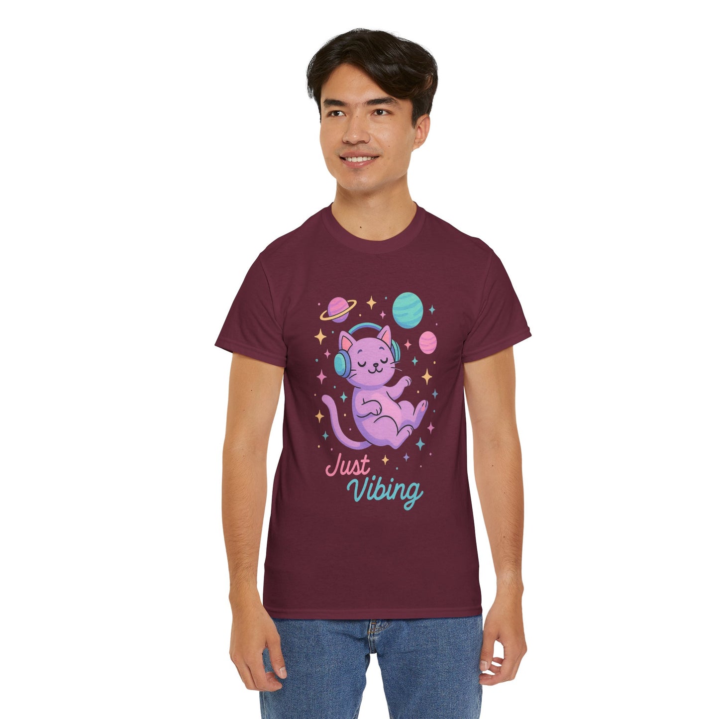 Just Vibing Cat T-Shirt, Chill Cosmic Kitty Tee, Lo-Fi Aesthetic Shirt, Cute Space Cat Gift, Unisex Relaxed Fit Cotton Top