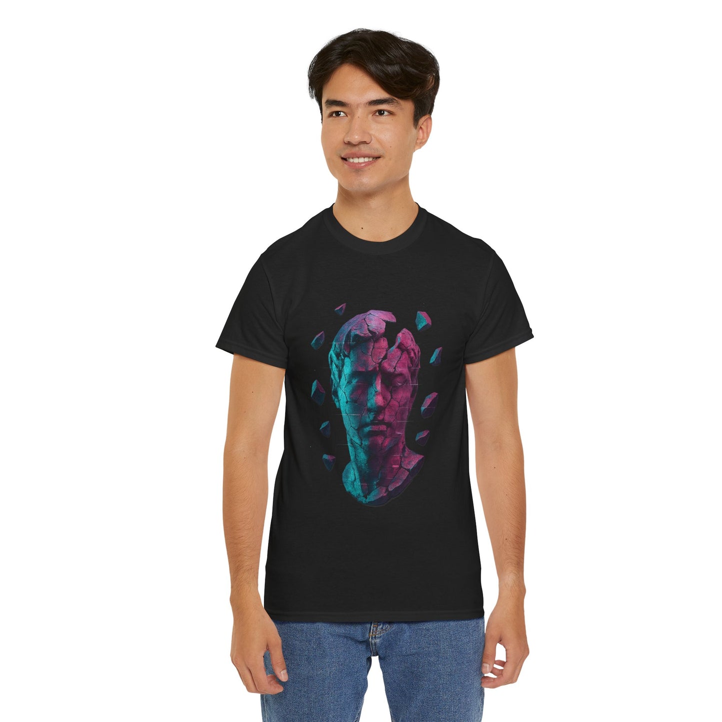 Broken Statue T-Shirt, Unisex Heavy Cotton Tee, Vaporwave Shirt, Glitch Aesthetic Art, Digital Decay Design