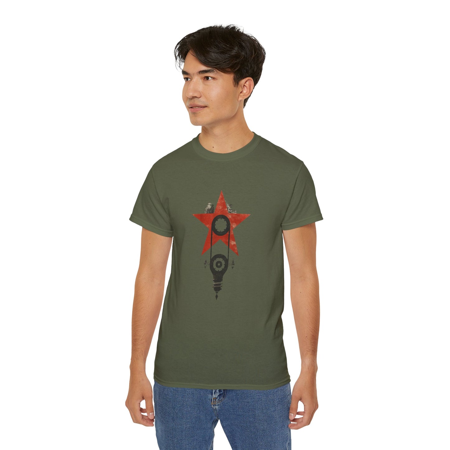 Red Star Mechanism Tee - Revolution T-Shirt, Steampunk Gear Shirt, Vintage Tech Art, Unisex Retro Design Tee