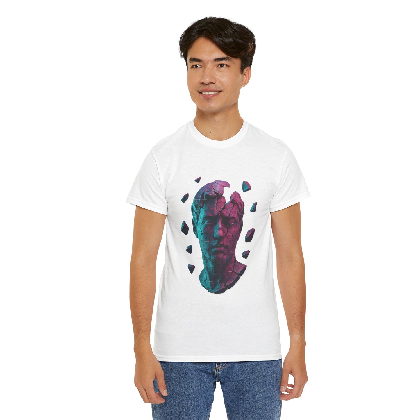 Broken Statue T-Shirt, Unisex Heavy Cotton Tee, Vaporwave Shirt, Glitch Aesthetic Art, Digital Decay Design