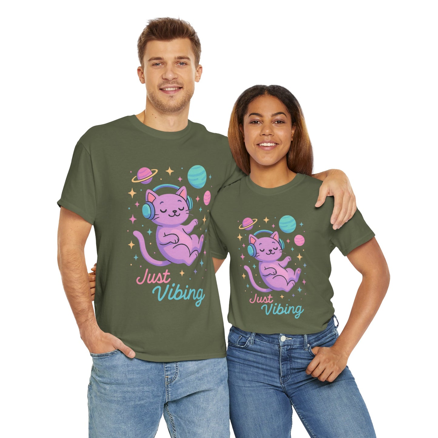 Just Vibing Cat T-Shirt, Chill Cosmic Kitty Tee, Lo-Fi Aesthetic Shirt, Cute Space Cat Gift, Unisex Relaxed Fit Cotton Top