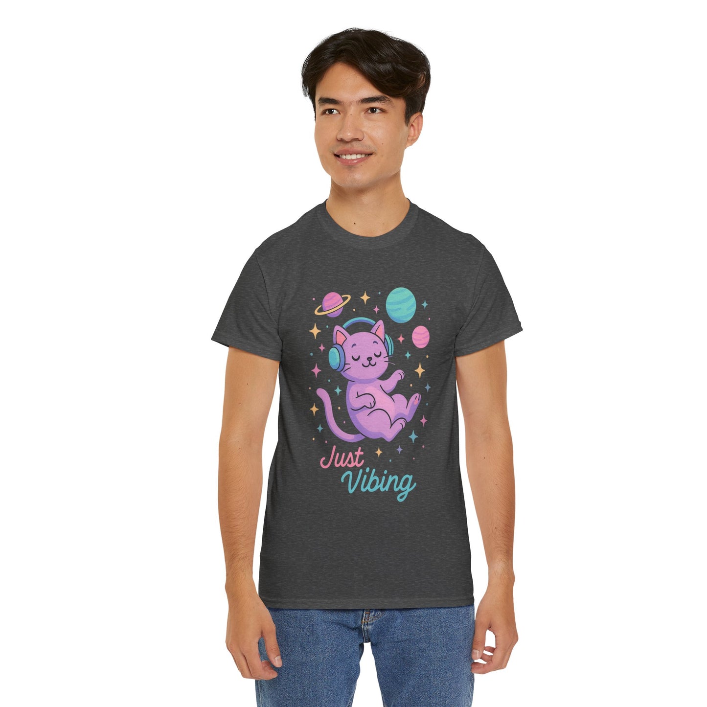 Just Vibing Cat T-Shirt, Chill Cosmic Kitty Tee, Lo-Fi Aesthetic Shirt, Cute Space Cat Gift, Unisex Relaxed Fit Cotton Top