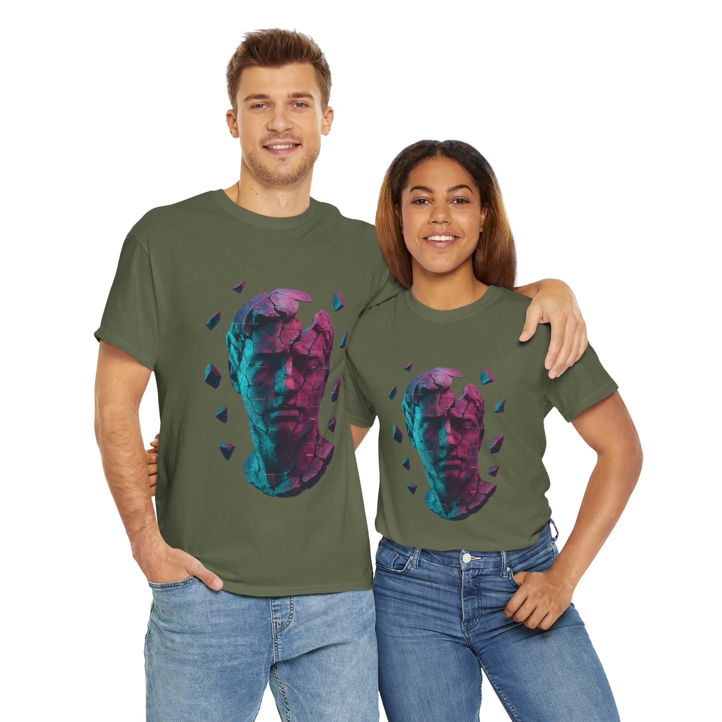 Broken Statue T-Shirt, Unisex Heavy Cotton Tee, Vaporwave Shirt, Glitch Aesthetic Art, Digital Decay Design