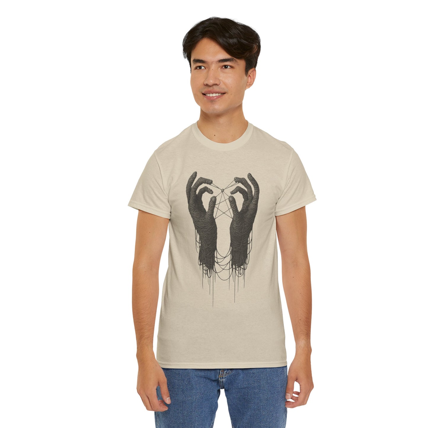 Mystic Thread Hands Unisex Heavy Cotton Tee, Dark Art Graphic T-Shirt, Witchy Aesthetic Shirt, Gothic Casual Wear, Unique Gift for Him or Her