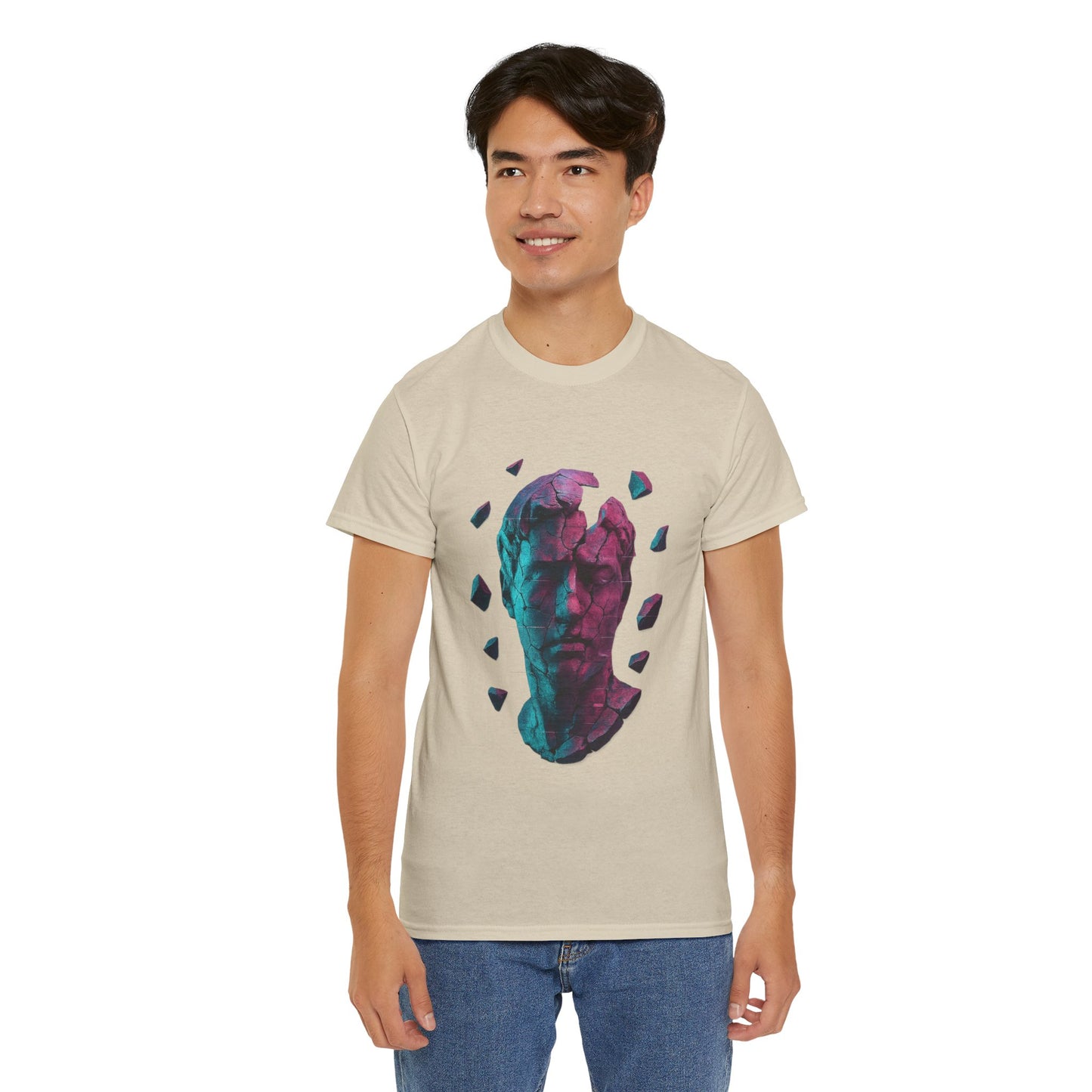 Broken Statue T-Shirt, Unisex Heavy Cotton Tee, Vaporwave Shirt, Glitch Aesthetic Art, Digital Decay Design