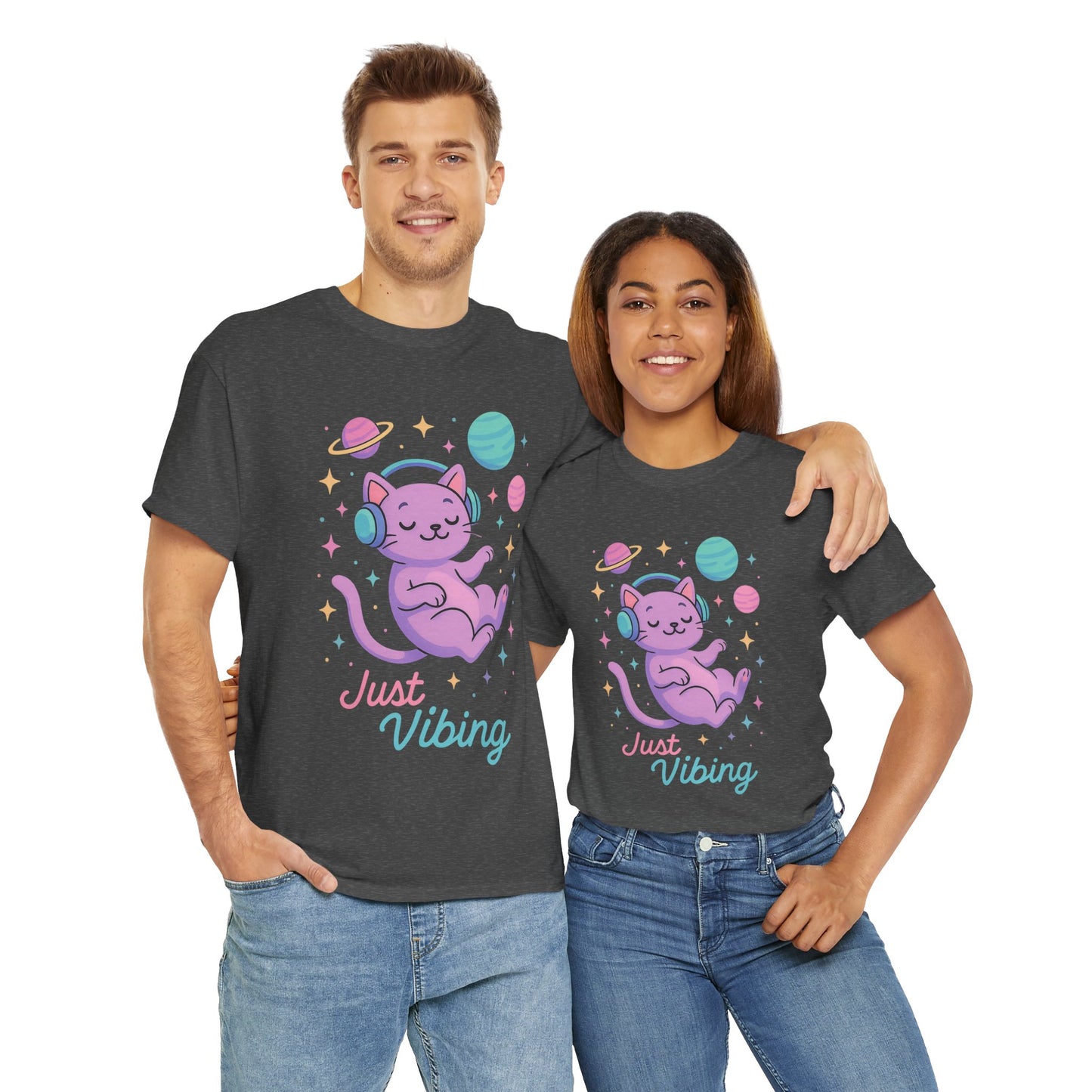 Just Vibing Cat T-Shirt, Chill Cosmic Kitty Tee, Lo-Fi Aesthetic Shirt, Cute Space Cat Gift, Unisex Relaxed Fit Cotton Top