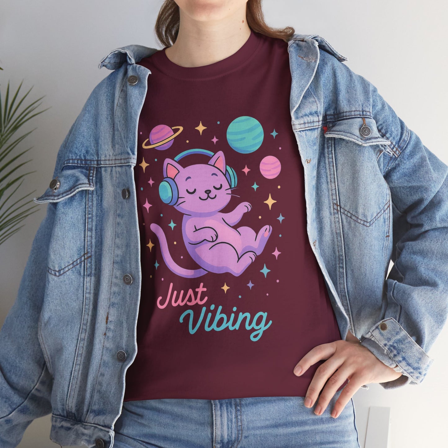 Just Vibing Cat T-Shirt, Chill Cosmic Kitty Tee, Lo-Fi Aesthetic Shirt, Cute Space Cat Gift, Unisex Relaxed Fit Cotton Top
