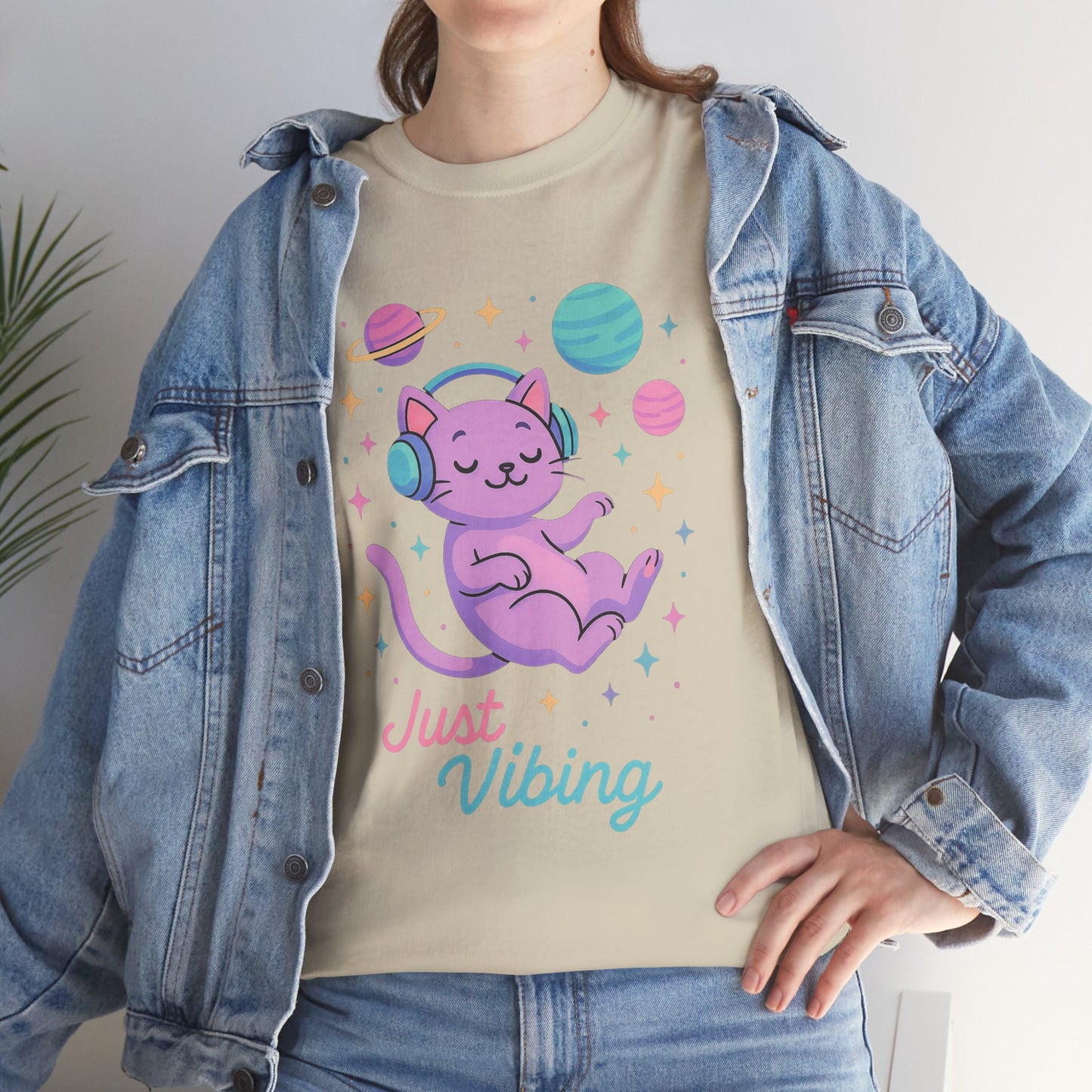 Just Vibing Cat T-Shirt, Chill Cosmic Kitty Tee, Lo-Fi Aesthetic Shirt, Cute Space Cat Gift, Unisex Relaxed Fit Cotton Top