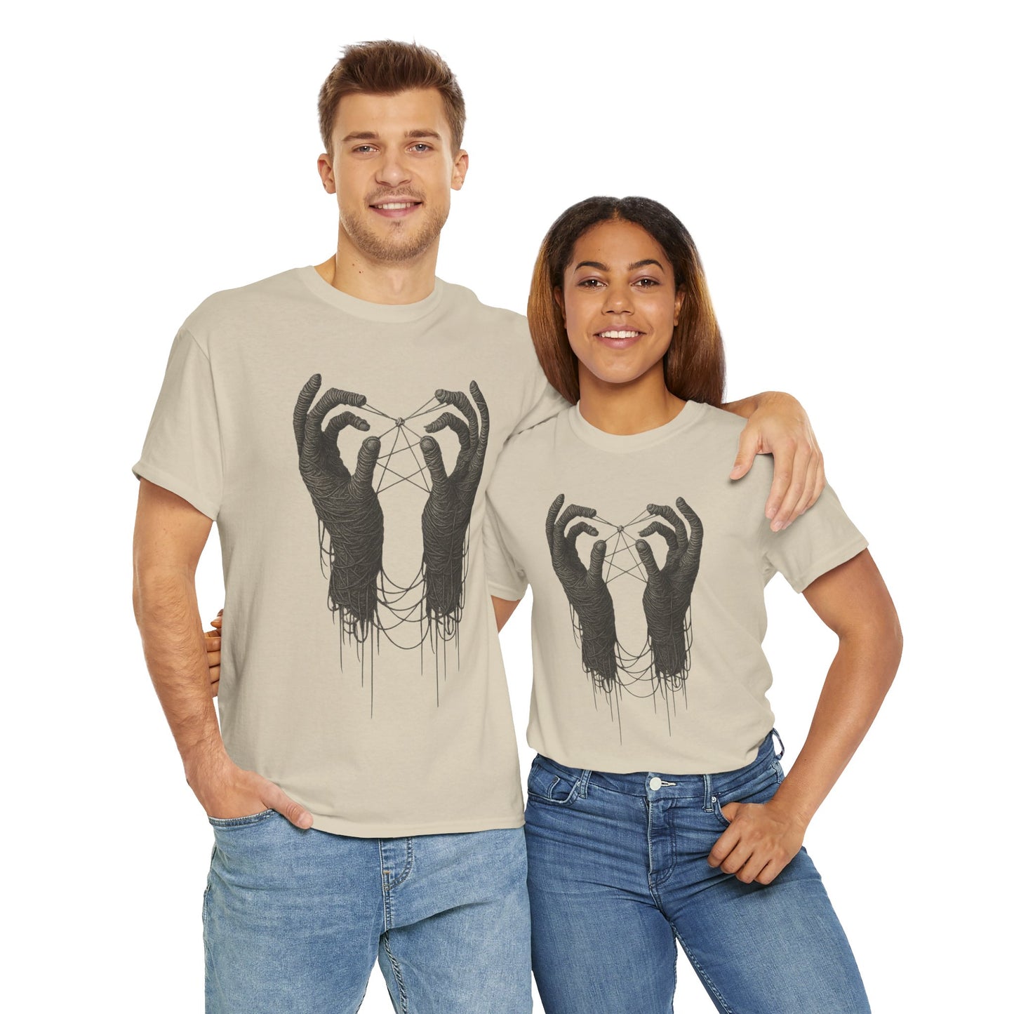 Mystic Thread Hands Unisex Heavy Cotton Tee, Dark Art Graphic T-Shirt, Witchy Aesthetic Shirt, Gothic Casual Wear, Unique Gift for Him or Her