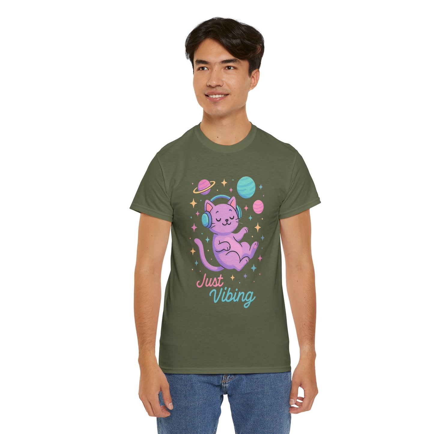 Just Vibing Cat T-Shirt, Chill Cosmic Kitty Tee, Lo-Fi Aesthetic Shirt, Cute Space Cat Gift, Unisex Relaxed Fit Cotton Top