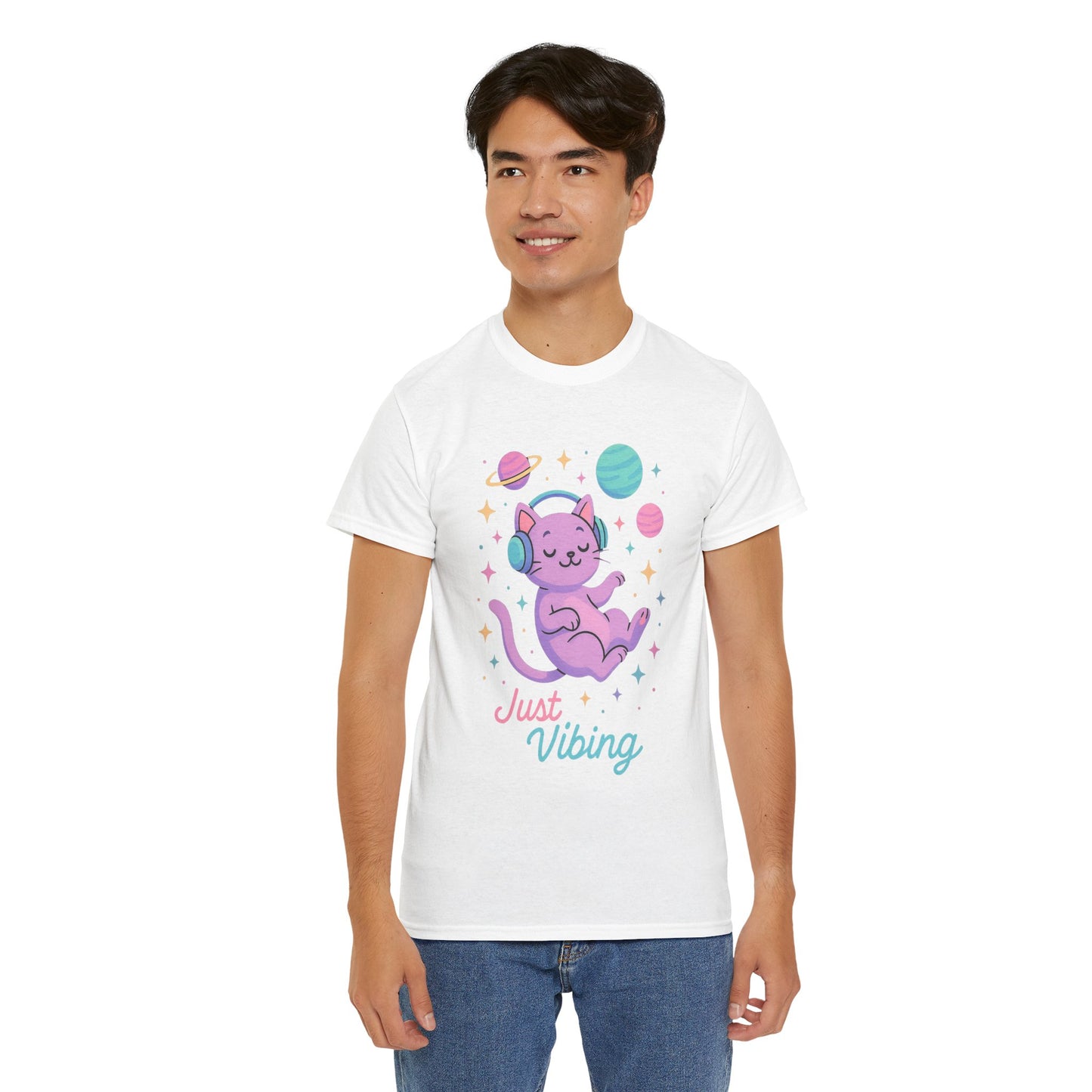 Just Vibing Cat T-Shirt, Chill Cosmic Kitty Tee, Lo-Fi Aesthetic Shirt, Cute Space Cat Gift, Unisex Relaxed Fit Cotton Top