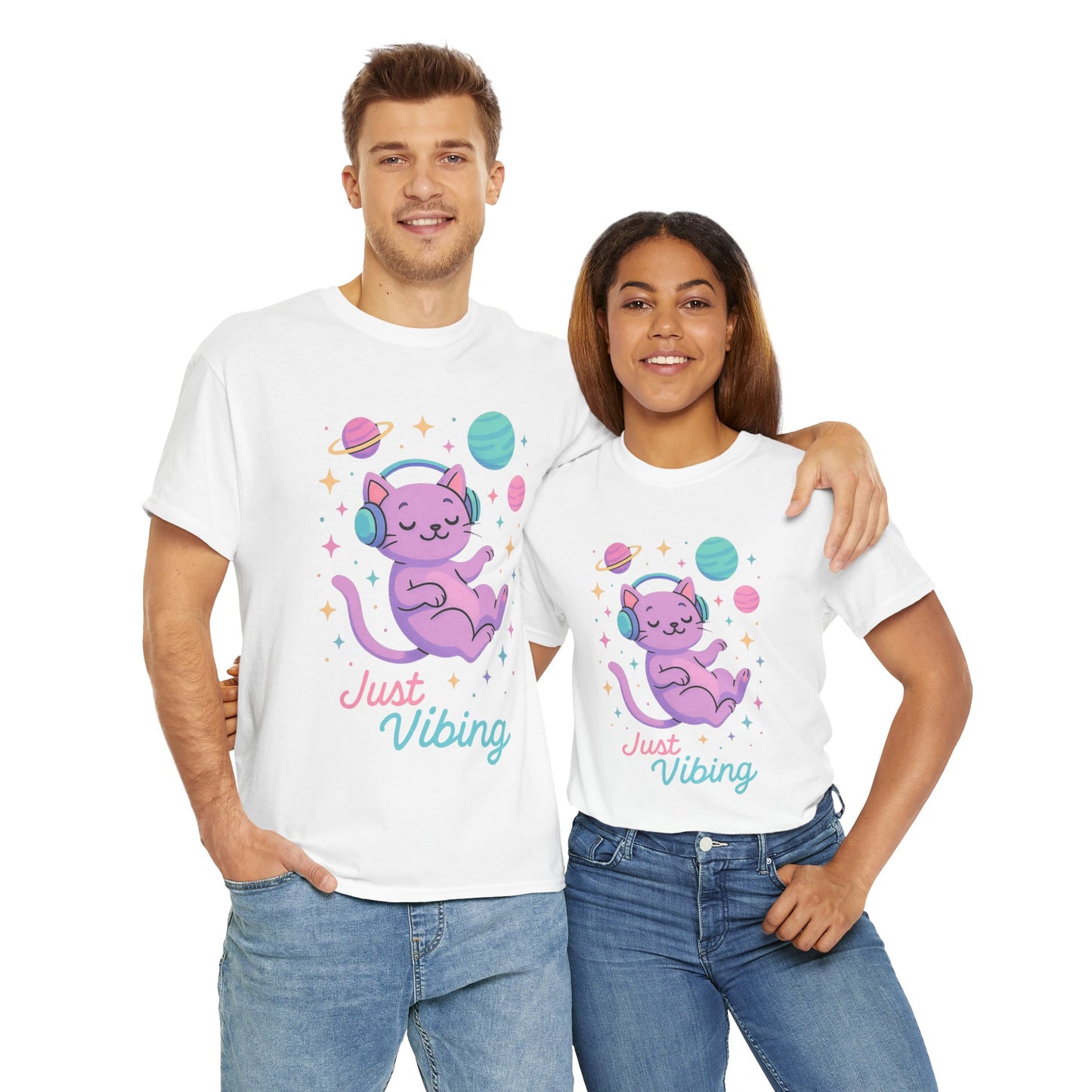 Just Vibing Cat T-Shirt, Chill Cosmic Kitty Tee, Lo-Fi Aesthetic Shirt, Cute Space Cat Gift, Unisex Relaxed Fit Cotton Top
