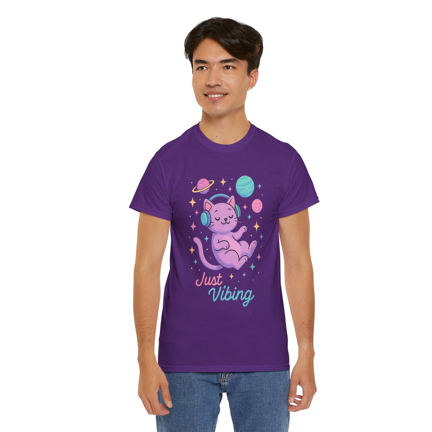 Just Vibing Cat T-Shirt, Chill Cosmic Kitty Tee, Lo-Fi Aesthetic Shirt, Cute Space Cat Gift, Unisex Relaxed Fit Cotton Top