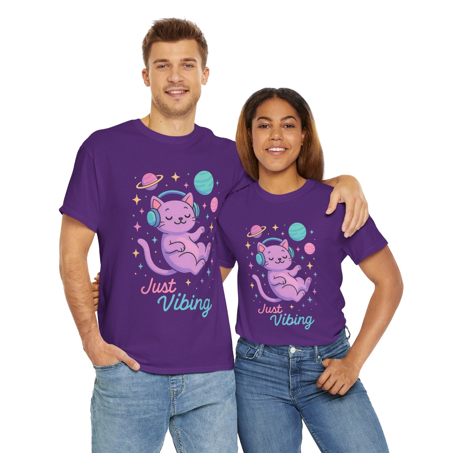 Just Vibing Cat T-Shirt, Chill Cosmic Kitty Tee, Lo-Fi Aesthetic Shirt, Cute Space Cat Gift, Unisex Relaxed Fit Cotton Top