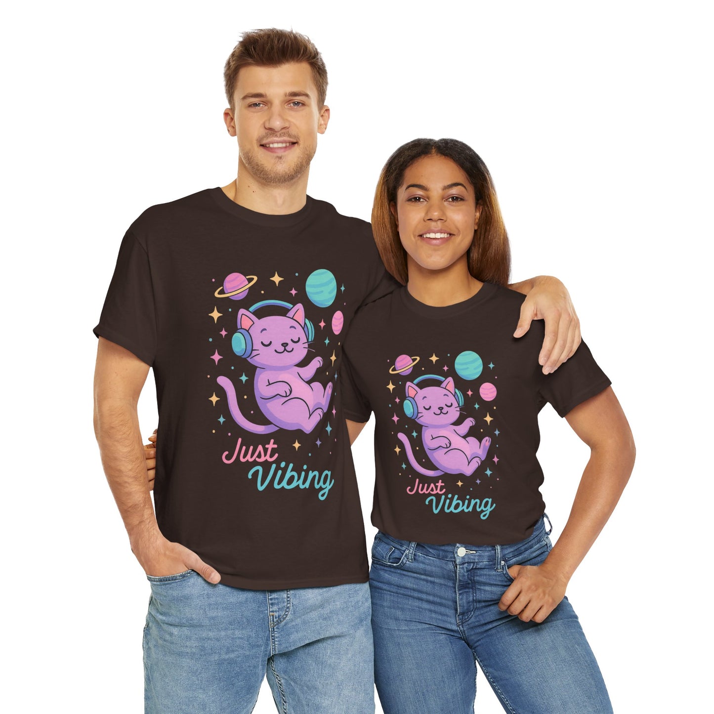 Just Vibing Cat T-Shirt, Chill Cosmic Kitty Tee, Lo-Fi Aesthetic Shirt, Cute Space Cat Gift, Unisex Relaxed Fit Cotton Top