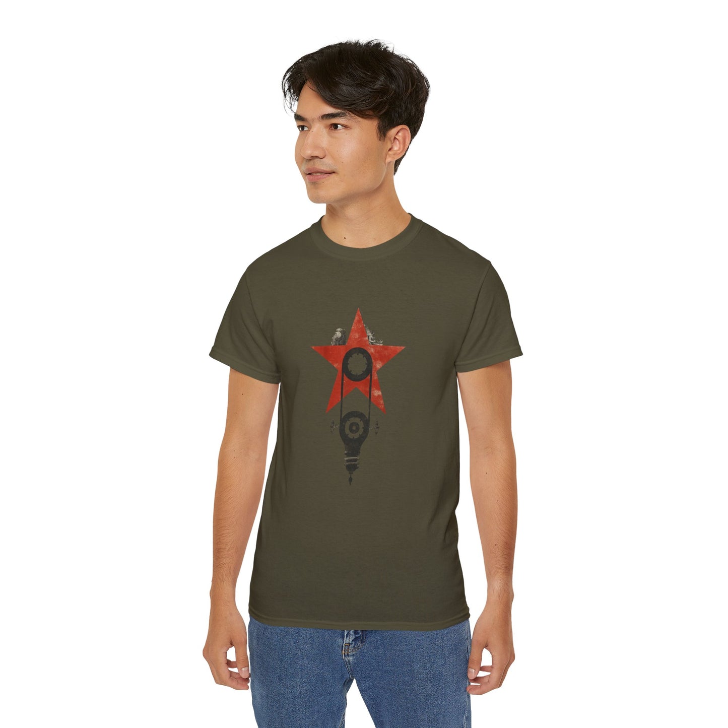 Red Star Mechanism Tee - Revolution T-Shirt, Steampunk Gear Shirt, Vintage Tech Art, Unisex Retro Design Tee
