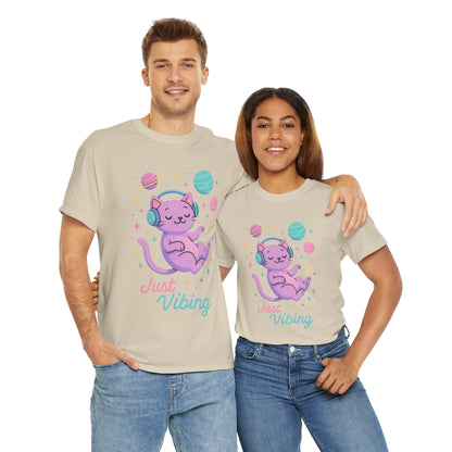 Just Vibing Cat T-Shirt, Chill Cosmic Kitty Tee, Lo-Fi Aesthetic Shirt, Cute Space Cat Gift, Unisex Relaxed Fit Cotton Top