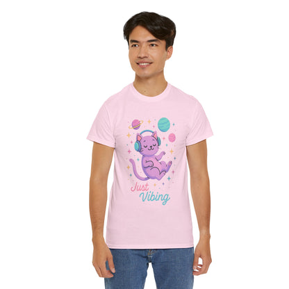 Just Vibing Cat T-Shirt, Chill Cosmic Kitty Tee, Lo-Fi Aesthetic Shirt, Cute Space Cat Gift, Unisex Relaxed Fit Cotton Top