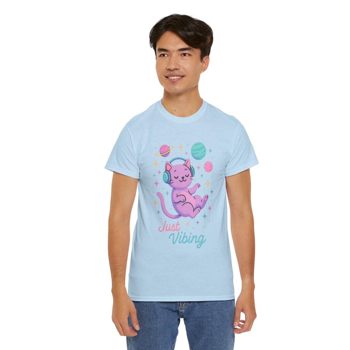 Just Vibing Cat T-Shirt, Chill Cosmic Kitty Tee, Lo-Fi Aesthetic Shirt, Cute Space Cat Gift, Unisex Relaxed Fit Cotton Top