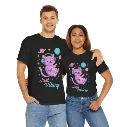 Just Vibing Cat T-Shirt, Chill Cosmic Kitty Tee, Lo-Fi Aesthetic Shirt, Cute Space Cat Gift, Unisex Relaxed Fit Cotton Top