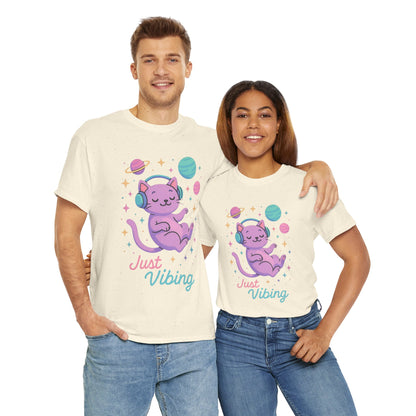 Just Vibing Cat T-Shirt, Chill Cosmic Kitty Tee, Lo-Fi Aesthetic Shirt, Cute Space Cat Gift, Unisex Relaxed Fit Cotton Top