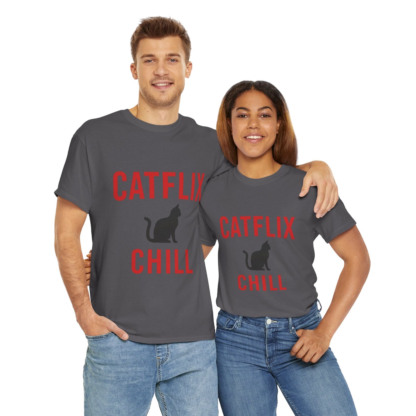 Catflix & Chill T-Shirt – Funny Cat Meme Shirt – Cozy Netflix Parody Tee – Unisex Cat Lover Gift