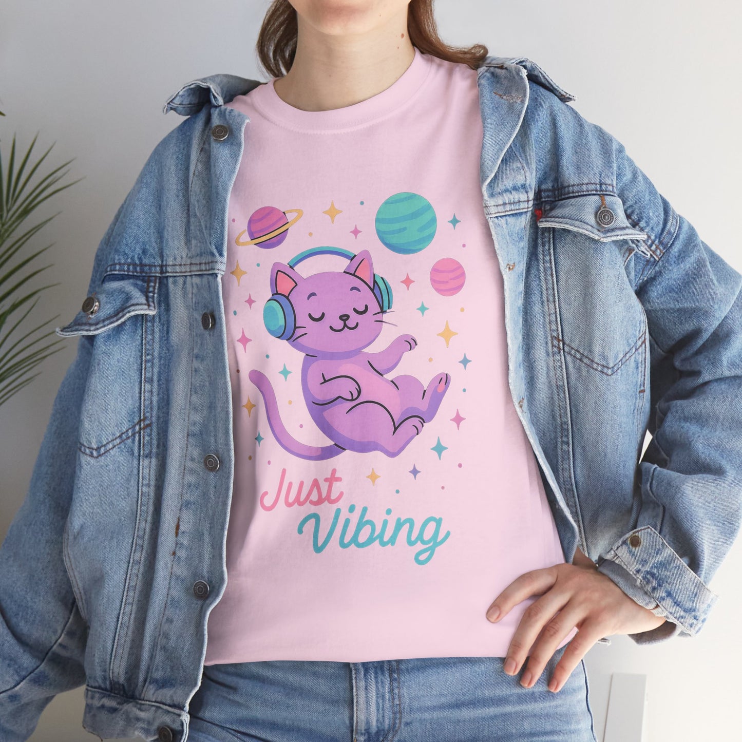 Just Vibing Cat T-Shirt, Chill Cosmic Kitty Tee, Lo-Fi Aesthetic Shirt, Cute Space Cat Gift, Unisex Relaxed Fit Cotton Top