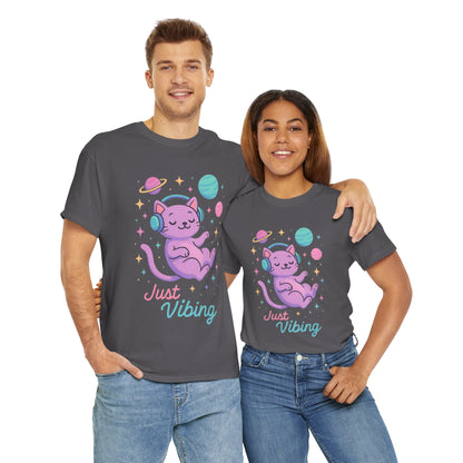 Just Vibing Cat T-Shirt, Chill Cosmic Kitty Tee, Lo-Fi Aesthetic Shirt, Cute Space Cat Gift, Unisex Relaxed Fit Cotton Top