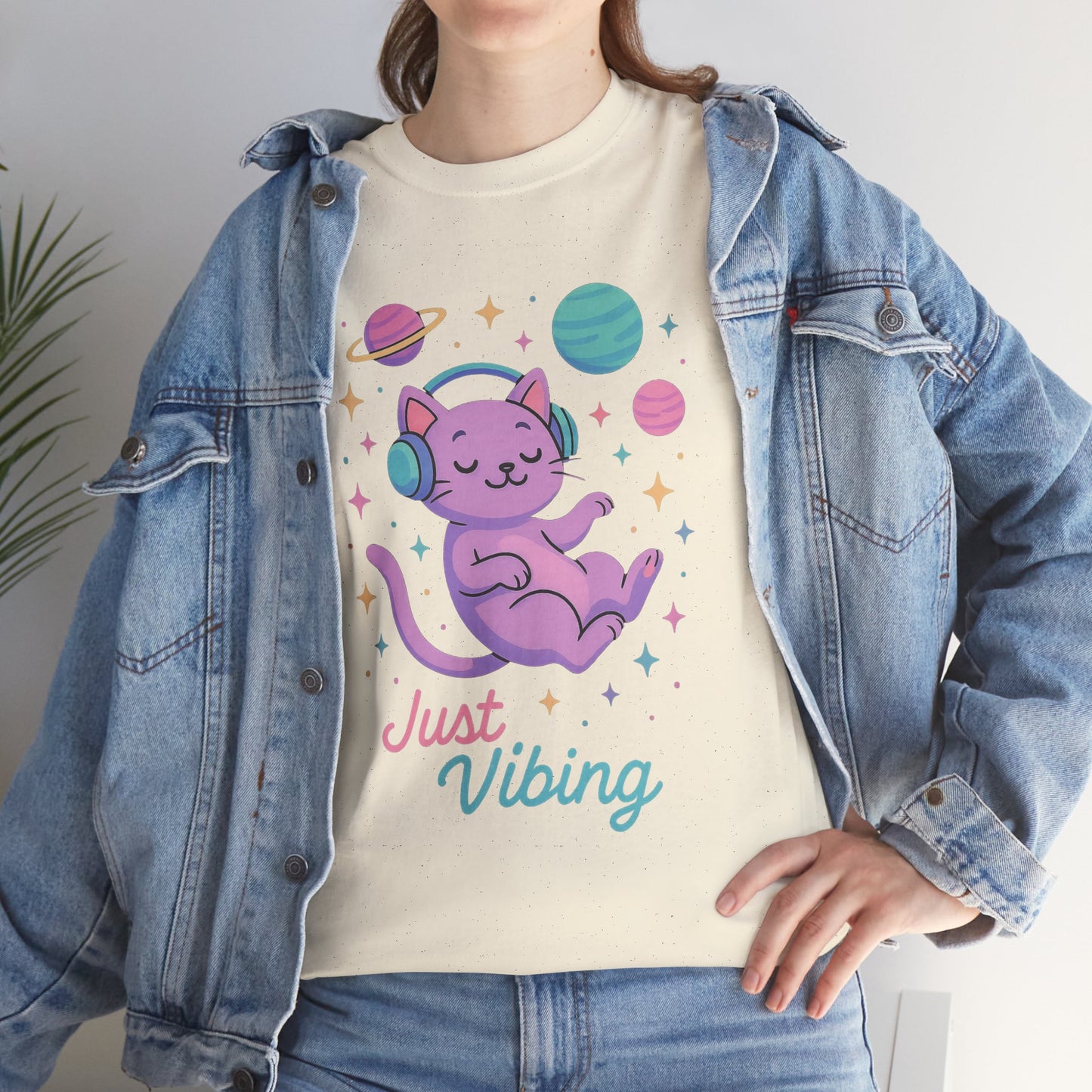 Just Vibing Cat T-Shirt, Chill Cosmic Kitty Tee, Lo-Fi Aesthetic Shirt, Cute Space Cat Gift, Unisex Relaxed Fit Cotton Top