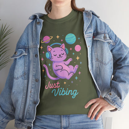 Just Vibing Cat T-Shirt, Chill Cosmic Kitty Tee, Lo-Fi Aesthetic Shirt, Cute Space Cat Gift, Unisex Relaxed Fit Cotton Top