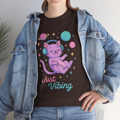 Just Vibing Cat T-Shirt, Chill Cosmic Kitty Tee, Lo-Fi Aesthetic Shirt, Cute Space Cat Gift, Unisex Relaxed Fit Cotton Top