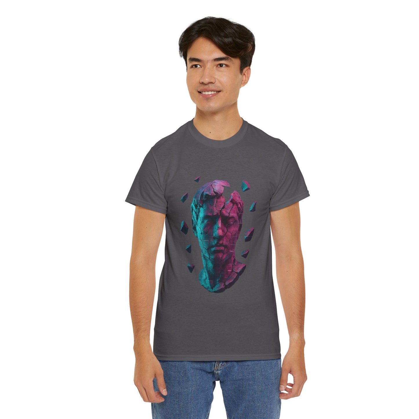 Broken Statue T-Shirt, Unisex Heavy Cotton Tee, Vaporwave Shirt, Glitch Aesthetic Art, Digital Decay Design