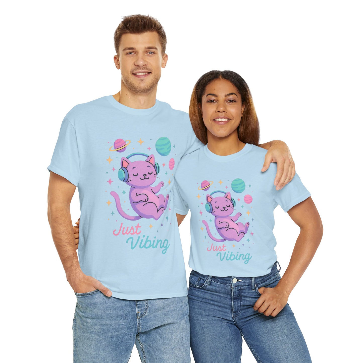 Just Vibing Cat T-Shirt, Chill Cosmic Kitty Tee, Lo-Fi Aesthetic Shirt, Cute Space Cat Gift, Unisex Relaxed Fit Cotton Top