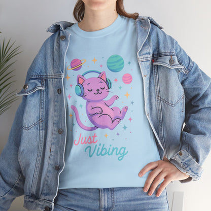 Just Vibing Cat T-Shirt, Chill Cosmic Kitty Tee, Lo-Fi Aesthetic Shirt, Cute Space Cat Gift, Unisex Relaxed Fit Cotton Top