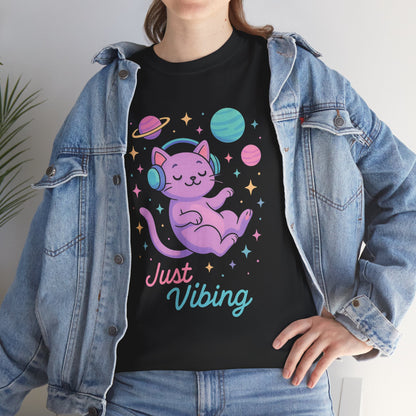Just Vibing Cat T-Shirt, Chill Cosmic Kitty Tee, Lo-Fi Aesthetic Shirt, Cute Space Cat Gift, Unisex Relaxed Fit Cotton Top