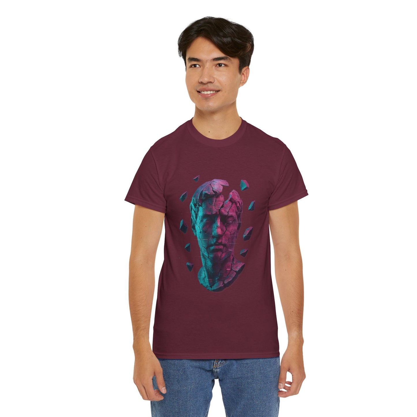 Broken Statue T-Shirt, Unisex Heavy Cotton Tee, Vaporwave Shirt, Glitch Aesthetic Art, Digital Decay Design