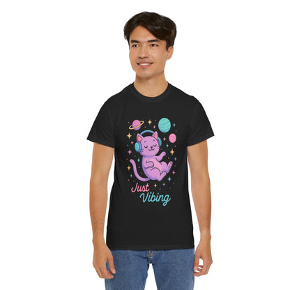 Just Vibing Cat T-Shirt, Chill Cosmic Kitty Tee, Lo-Fi Aesthetic Shirt, Cute Space Cat Gift, Unisex Relaxed Fit Cotton Top