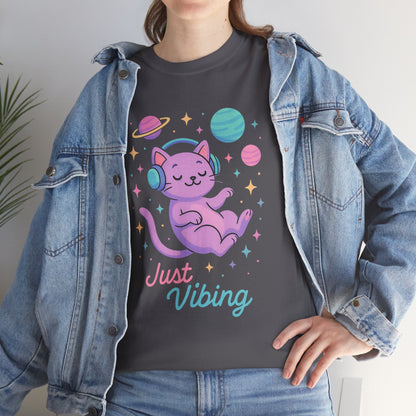 Just Vibing Cat T-Shirt, Chill Cosmic Kitty Tee, Lo-Fi Aesthetic Shirt, Cute Space Cat Gift, Unisex Relaxed Fit Cotton Top